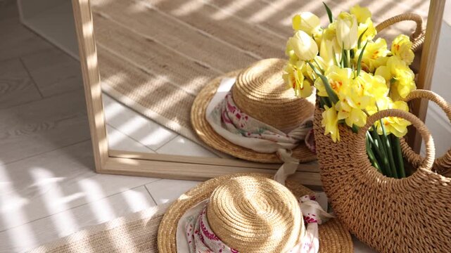 Wicker bag with beautiful flowers and hat on floor near mirror indoors, closeup. Camera moving right