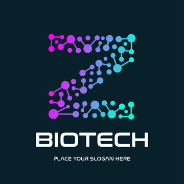 Modern letter Z logo design featuring a biotech molecular network with vibrant blue and purple gradients, ideal for science, technology, and medical branding.