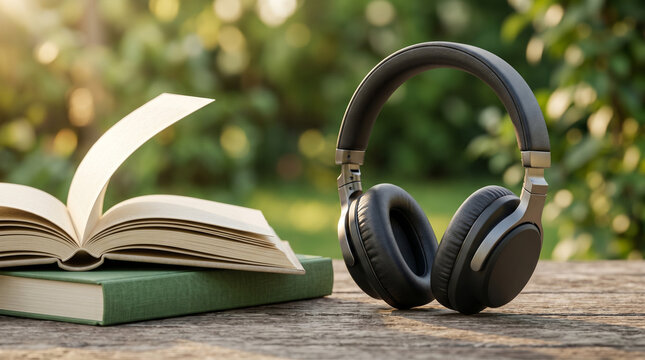 Study and Relaxation Concept with Audiobook Headphones and Open Pages
