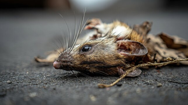 Dead mouse lying on asphalt pavement close-up macro