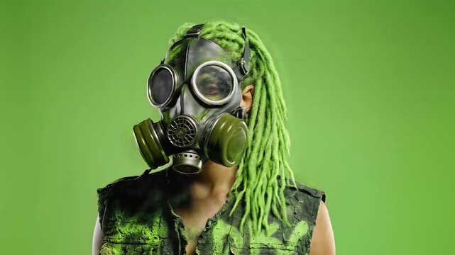Person in gas mask rotating on green screen with neon dreadlocks
