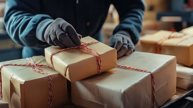 Closeup of a worker in gloves wrapping a cardboard parcel with red and white twine in a warehouse