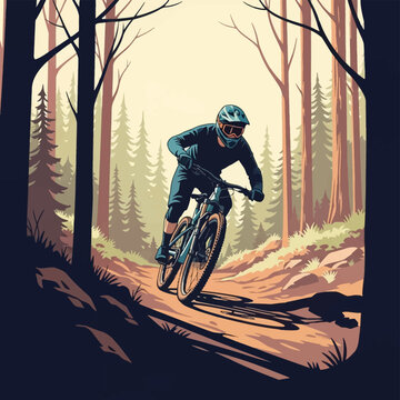 A vector illustration of a mountain biker wearing a full-face helmet and goggles, riding a mountain bike downhill on a dirt trail through a dense pine forest with tall trees.