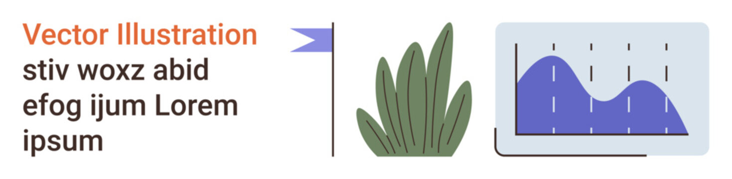 Data analysis, statistics reports, business growth, digital presentations, infographics, and education. Blue chart with lines and drops, flag and plant. Data analysis and statistics reports concept