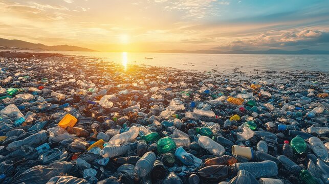 Plastic pollution on a beach at sunset, environmental disaster, ocean waste, global crisis