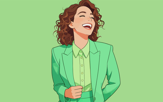 Joyful curly haired woman in green business suit laughing happily