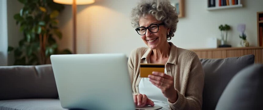 Mature lady customer looking at computer buying online doing ecommerce shopping on website making bank payments happy curly middle aged woman using laptop holding credit card sitting on couch at home.