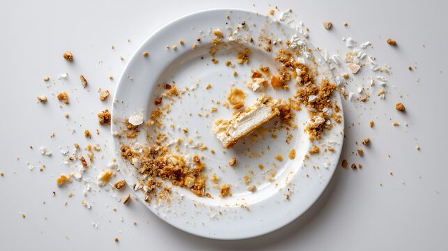 Leftover food on plate with crumbs and unfinished meal, isolated on white background, minimalist food waste concept