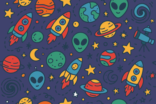 Dark seamless vector pattern featuring rockets planets stars aliens and cosmic doodles in a playful cartoon style