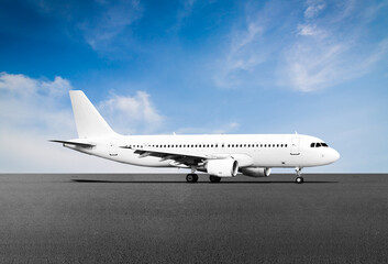 Fototapeta premium Ground Level Side View Angle of White Airplane Airbus A320-200 Passenger Jet Standing on Airport Runway Tarmac under blue sky mockup template