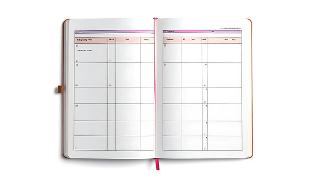 Open planner with blank pages, weekly schedule layout, and a bookmark ribbon, ideal for organization and productivity planning