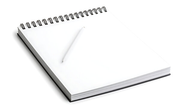 Open spiral bound notepad with blank white pages and a pencil lying across it, isolated on a white background, ready for sketching or writing
