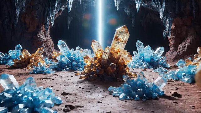 Slow zoom in on glowing crystals in a mystical cave, fantasy background