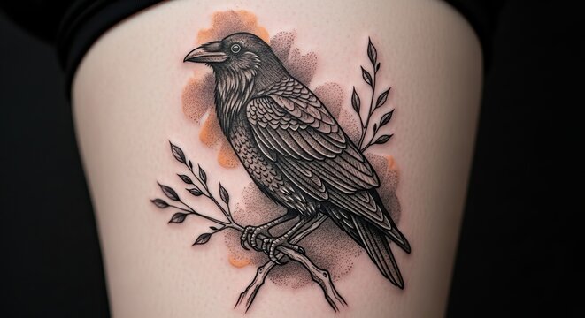Detailed blackwork raven tattoo with floral elements on skin