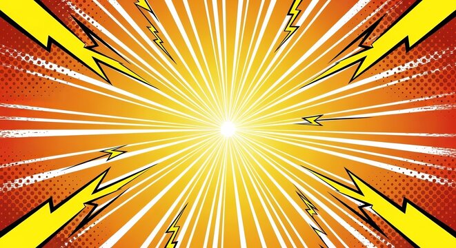 Exploding Sunburst Background with Lightning Bolts and Halftone Dots