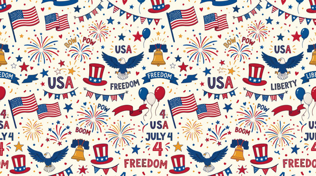 Seamless vintage patriotic American vector pattern background with flag, eagle, and fireworks