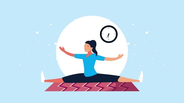 Young woman practicing yoga in split pose with arms raised doing stretching exercise as part of fitness routine.