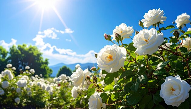 A field of beautiful white roses blooming under a bright sunny blue sky with green trees and mountains in the background.