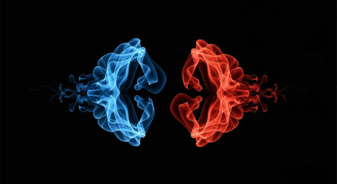Abstract digital illustration of two symmetrical, smoke-like fluid forms in cyan blue and red facing each other horizontally against a solid black background with wispy details.