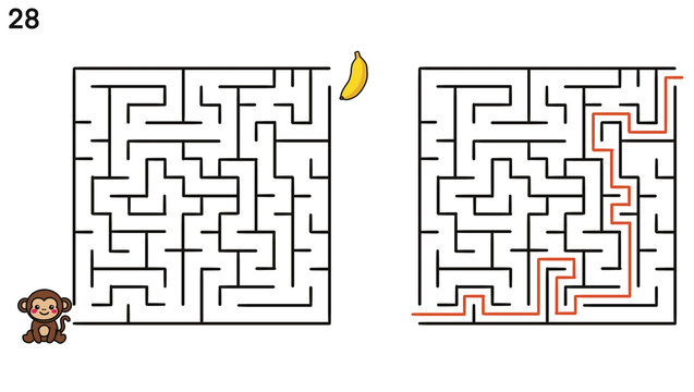 Monkey maze puzzle for kids with banana and solution path