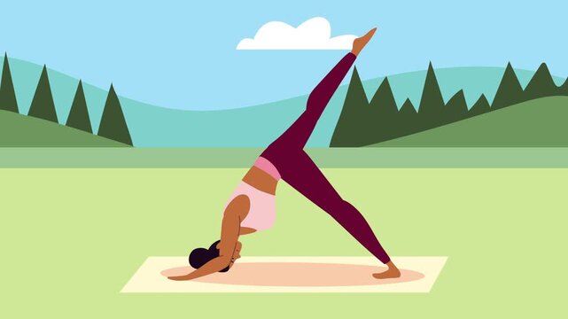 Young athletic woman performs one legged downward facing dog pose on yoga mat in serene outdoor setting.