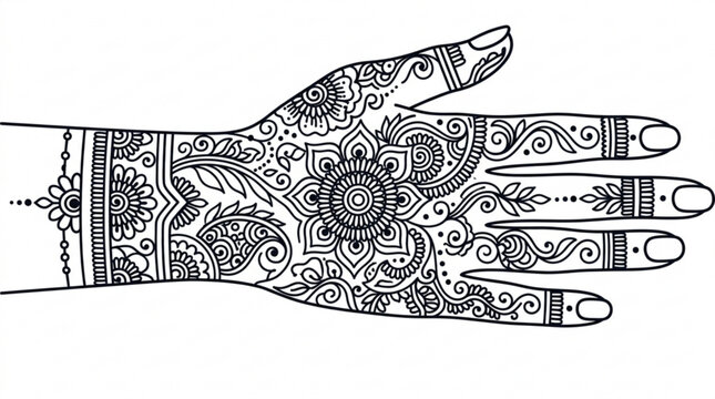 Intricately designed henna hand with floral patterns and mandalas on palm and fingers for cultural and artistic use