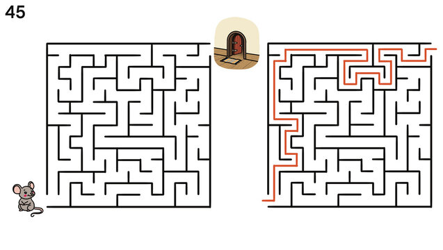 Mouse maze puzzle for kids with mouse hole and solution path