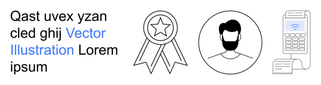 Achievement recognition, identity security, e-commerce solutions, business transactions, customer service, authentication. Outline of badge, head profile and payment terminal. Recognition