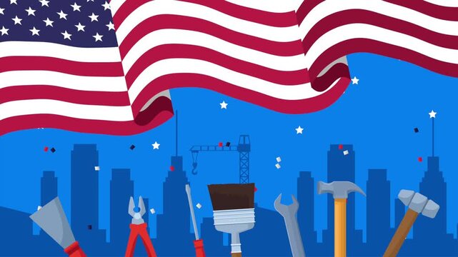 Dynamic celebration of labor day with american flag over city skyline and construction tools.
