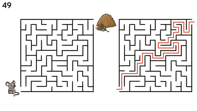 Mouse maze puzzle for kids with grain pile and solution path