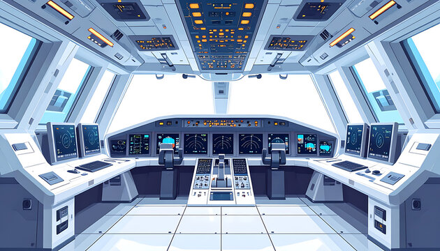 Pixelated airplane cockpit interior, digital illustration of a modern aircraft flight deck with multiple screens, buttons, and controls, aviation technology and flight simulation concept