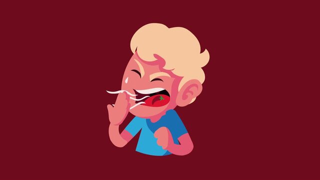 A young boy experiencing a spicy food reaction motion graphic animation on a vibrant red background.