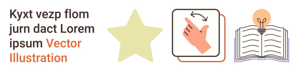 Education, creativity, innovation, learning, knowledge sharing, ideas. Illustrations of a star, hand gesture for swipe book with a bulb. Education and creativity concepts © robu_s