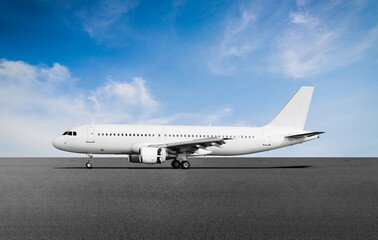Obraz premium Horizontal Side View Profile of White Airplane Airbus A320-200 Passenger Jet Stationary on Airport Runway Tarmac under bright sky mockup template