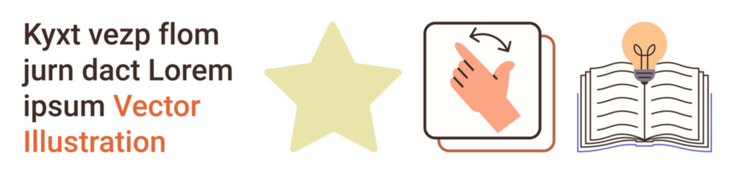 Education, creativity, innovation, learning, knowledge sharing, ideas. Illustrations of a star, hand gesture for swipe book with a bulb. Education and creativity concepts