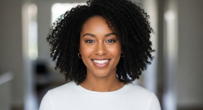 Beautiful Black Woman Smiling, Curly Hair, Natural Beauty, Indoor Portrait