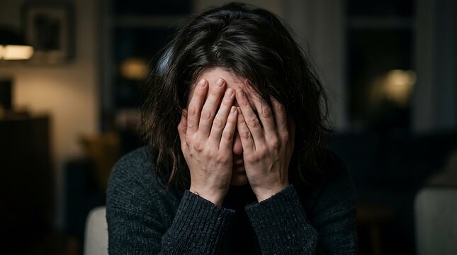 Depressed anxious stressed woman covering face with hands alone indoors at night