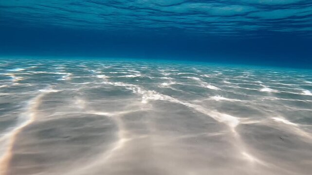 Underwater sunlight caustic patterns shimmering on sandy sea floor, static wide shot for nature backgrounds