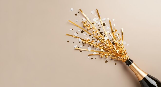 Champagne bottle exploding with gold confetti, stars, and streamers on a beige background