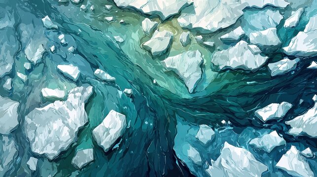Dark petroleum threads through cracks in an Arctic ice field, showing the impact of an oil spill on fragile polar environments.