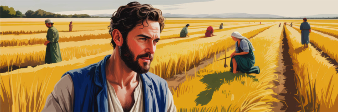 Bearded farmer portrait in golden wheat field, rural workers harvesting grain by hand, colorful vector illustration landscape
