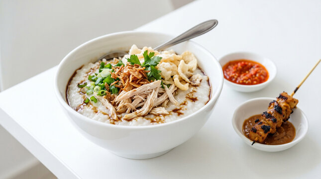 Indonesian chicken congee bubur ayam with shredded chicken and crackers