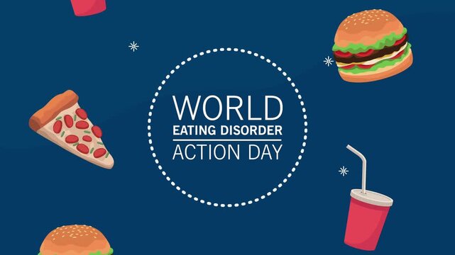 World eating disorder action day animated footage with fast food items such as pizza, hamburger, and soda moving dynamically.