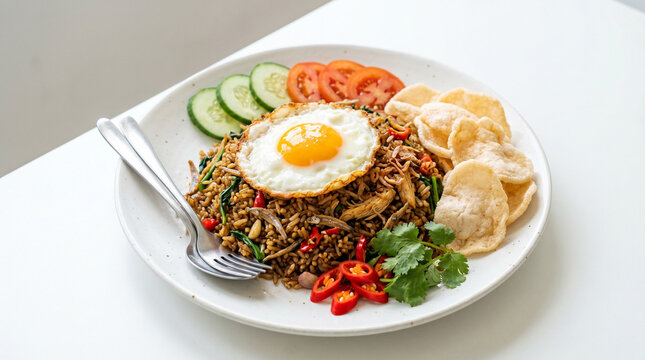 Indonesian nasi goreng kampung fried rice with fried egg, crackers and vegetables