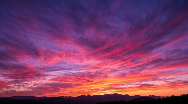 Majestic Sunset Cloudscape Painting Sky with Vivid Purple Pink Orange Hues Over Mountain Range
