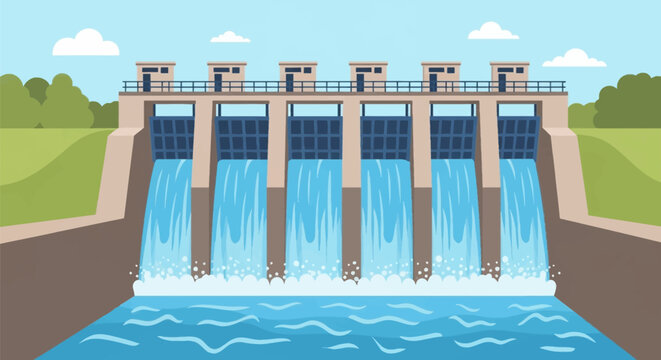Vector illustration of a massive concrete hydroelectric dam with six open spillway gates releasing flowing water into a river, featuring control buildings, railings, and green hills.