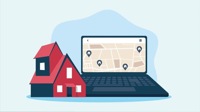 Animated house icon on laptop screen showing map with location pins, modern real estate technology.