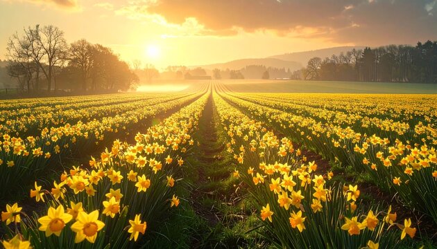 A vast field of bright yellow daffodils stretching into the distance under a golden sunset sky, with trees and hills in the background.
