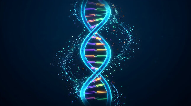 Vibrant DNA Double Helix Structure Illuminates Dark Background.
