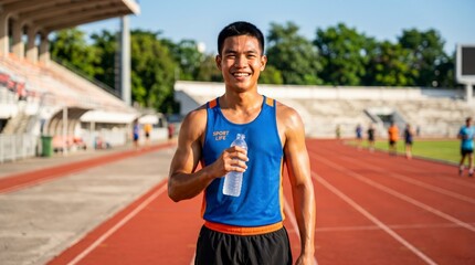 Fototapeta premium young male athlete celebrating victory on red running track at stadium